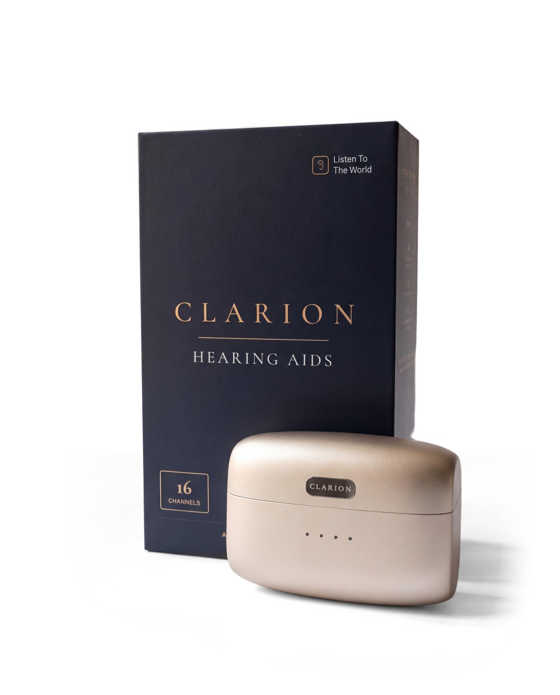The Clarion Clarity S3 retail box with the closed charging case in front of it.